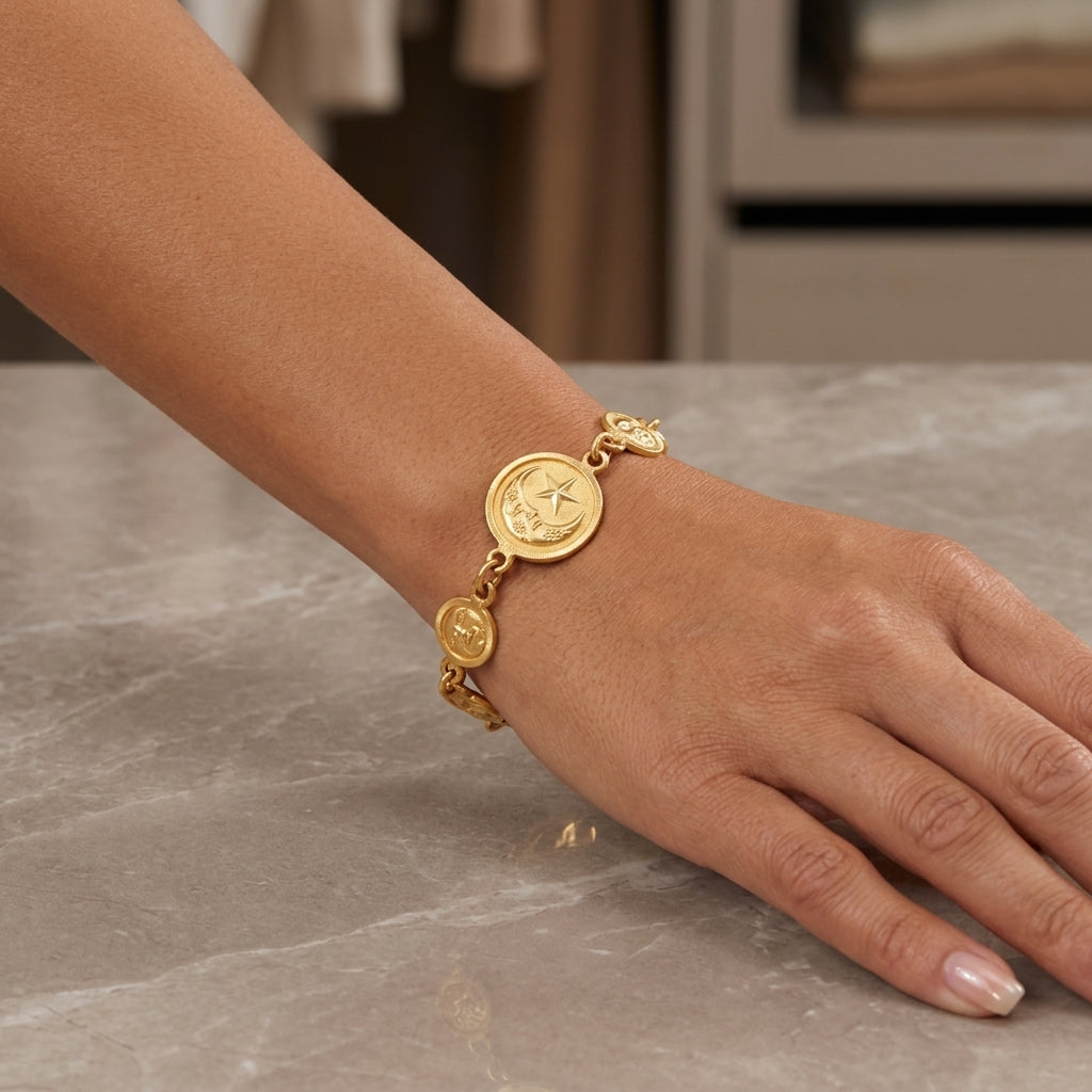 14K Yellow Gold Sun Moon Celestial Disc Link Bracelet model still