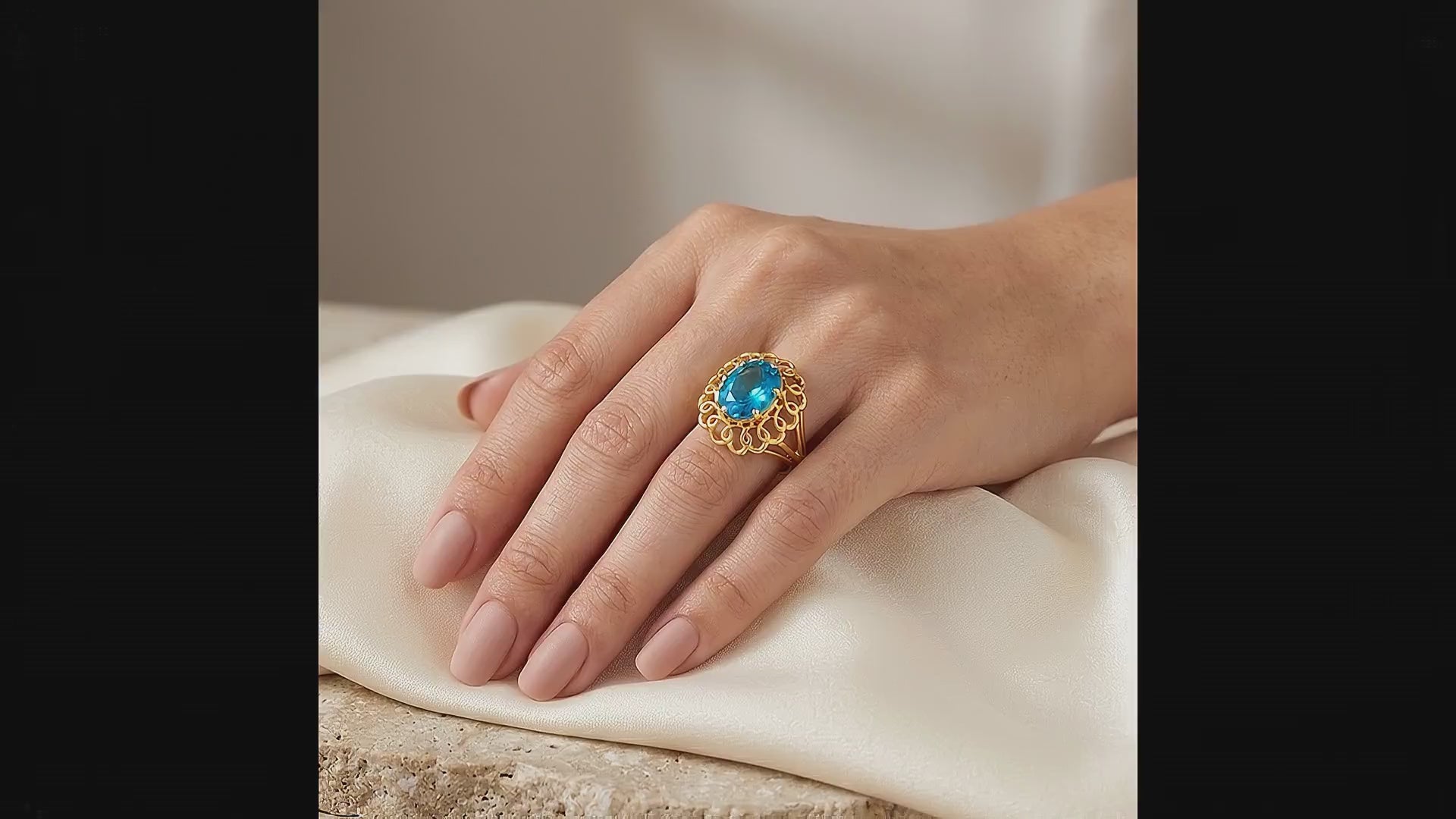 10K Blue Topaz Filigree Lacework Cocktail Ring model video